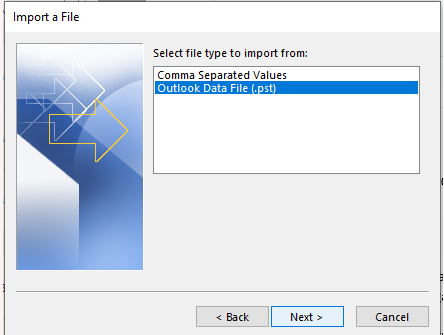 Click on Outlook Data File (.pst) > Next
